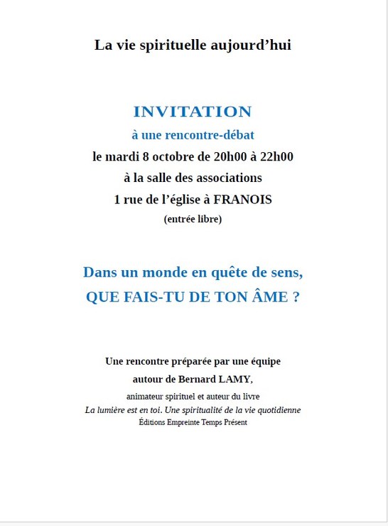 Soirée spirituelle "Dans un monde en quête de sens, que fais-tu de ton âme ?"