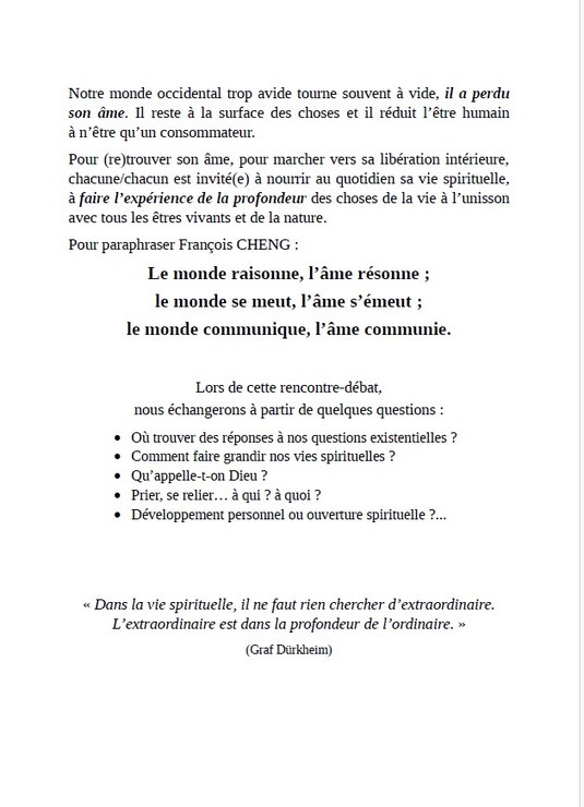 Soirée spirituelle "Dans un monde en quête de sens, que fais-tu de ton âme ?"