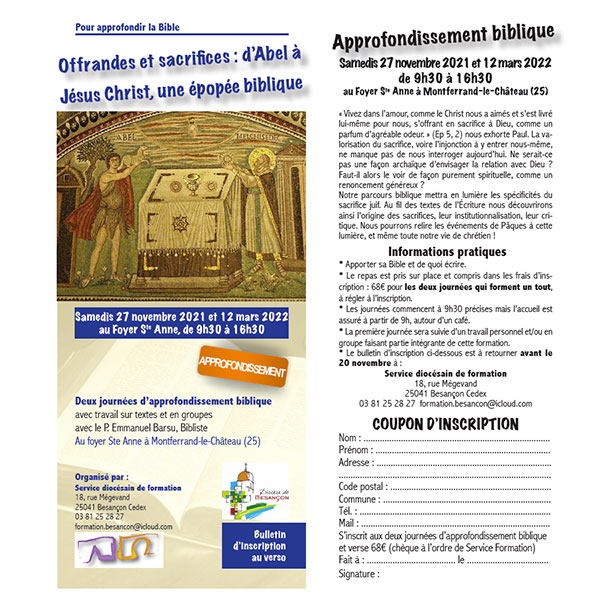 Formation Approfondissement biblique : Offrandes et sacrifices (J2)